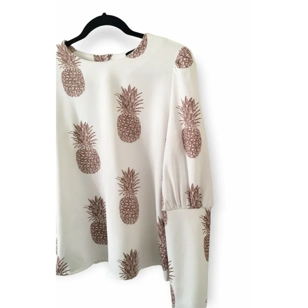 NWT CBR Chic Boutique Rose Pineapple Print BOHO Classic Couture Blouse Top - Picture 7 of 13